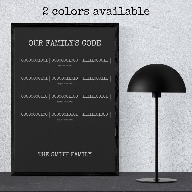 K&ouml;nnte beinhalten: Ein schwarz gerahmter Kunstdruck mit dem Titel OUR FAMILY'S CODE in wei&szlig;er Schrift. Er zeigt Bin&auml;rsequenzen, Namen und Daten, gefolgt von THE SMITH FAMILY am unteren Rand. Der Text 2 colors available erscheint oben auf dem Druck.