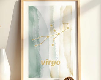 Virgo Zodiac Constellation Print, Astrology Wall Art, Virgo Horoscope Gift, Watercolor Aesthetic Poster, Minimalist Star Map