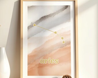 Aries Zodiac Constellation Print, Astrology Wall Art, Aries Horoscope Gift, Watercolor Aesthetic Poster, Minimalist Star Map