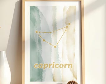 Capricorn Zodiac Constellation Print, Astrology Wall Art, Capricorn Horoscope Gift, Watercolor Aesthetic Poster, Minimalist Star Map