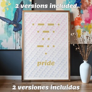 Peut inclure: Une impression encadrée rectangulaire présentant un fond blanc avec un motif répétitif de petits points bleus et roses. Au centre, des symboles en code Morse dorés sont disposés verticalement au-dessus du texte doré "pride".