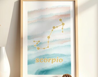 Scorpio Zodiac Constellation Print, Astrology Wall Art, Scorpio Horoscope Gift, Watercolor Aesthetic Poster, Minimalist Star Map