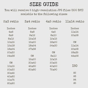 K&ouml;nnte beinhalten: Eine Gr&ouml;&szlig;entabelle mit schwarzem Text auf hellgrauem Hintergrund. Der Text lautet SIZE GUIDE, You will receive 5 high-resolution JPG files (300 DPI) scalable to the following sizes, 2x3 ratio, 3x4 ratio, 4x5 ratio, 11x14 ratio, und listet die Ma&szlig;e auf.