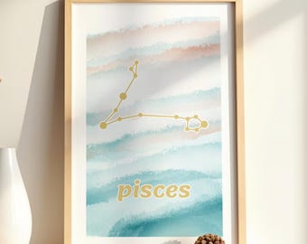 Pisces Zodiac Constellation Print, Astrology Wall Art, Pisces Horoscope Gift, Watercolor Aesthetic Poster, Minimalist Star Map