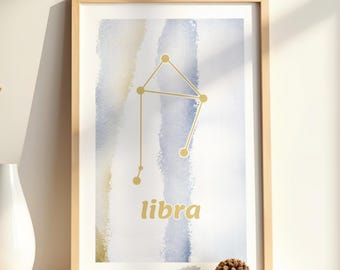 Libra Zodiac Constellation Print, Astrology Wall Art, Libra Horoscope Gift, Watercolor Aesthetic Poster, Minimalist Star Map