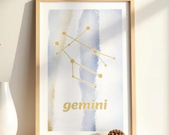 Gemini Zodiac Constellation Print, Astrology Wall Art, Gemini Horoscope Gift, Watercolor Aesthetic Poster, Minimalist Star Map