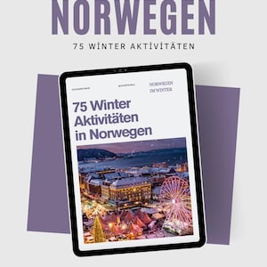Könnte beinhalten: Ein digitales Tablet zeigt den Titel "75 Winter Aktivitäten in Norwegen" mit einer winterlichen Landschaft. Das Wort "NORWEGEN" steht oben, darunter "75 WINTER AKTIVITÄTEN". Das Tablet befindet sich vor einem lila Hintergrund.