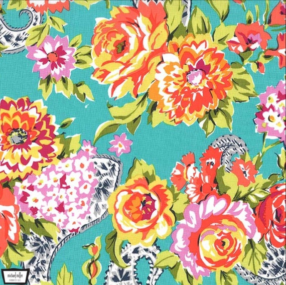 FLORAL print BOUQUET design Michael Miller fabrics Kashmir Gardens Aqua paisley print Rose garden design Red Orange Yellow floral fabric