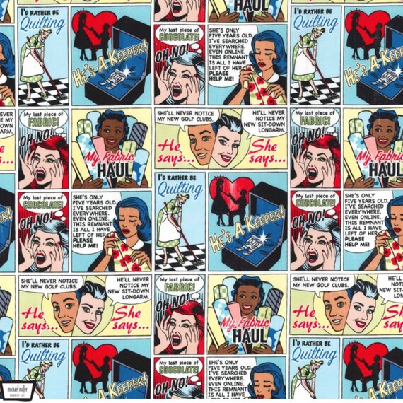 Comic Quilt Michael Miller a Mad Seamstress Retro comic strip about sewing and fabric 1960 comic strip fabric Fun design Fashionista fabric