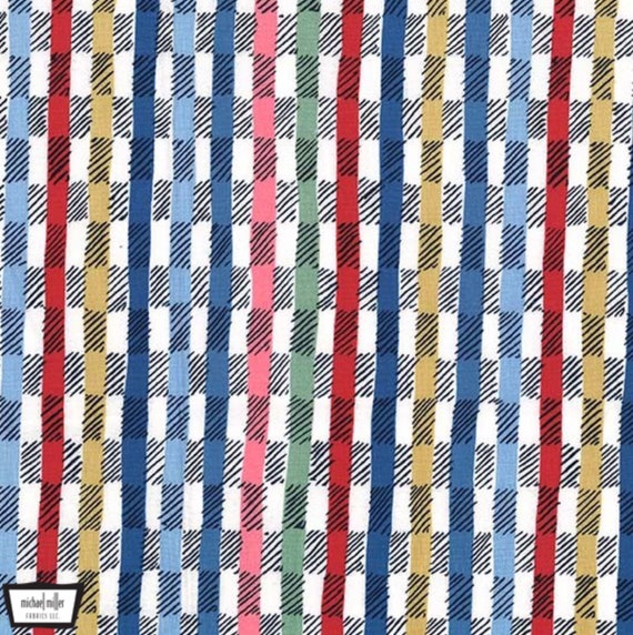 TWILL STRIPE Michael Miller fabric Kashmir Gardens MMDC7975DENIM Mustard Denim blue Olive green Bright red Black and white stripe Checks