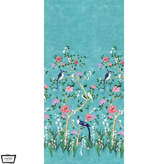 Michael Miller CHINOISERIE Single BORDER PRINT fabric a Mad Seamstress Bright aqua blue fabric bird and floral design Fashionista fabric