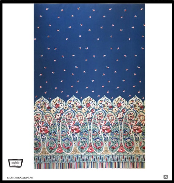 Paisley border print DENIM ROSE Michael Miller Fabric Kashmir Gardens MMDC7971DENIM red and pink roses Denim blue Paisley Olive green