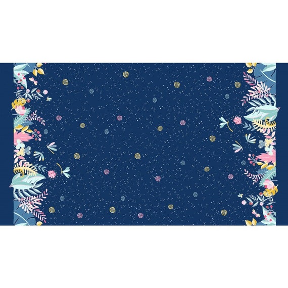 Ink Blue MOONLIT double BORDER print fabric Michael Miller Night Garden aMadSeamstress Navy blue floral border fabric Tamara Kate Pastel