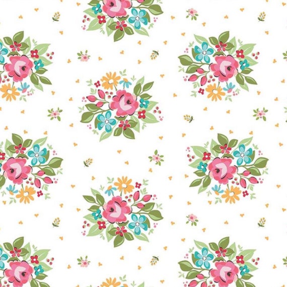 Vintage floral rose design pink flower white cotton fabric Rose bouquet flower fabric a Mad Seamstress Modern Quilting Riley Blake RHAPSODY