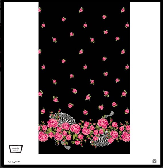 Fan BORDER PRINT in black Pink rose with fan detail Red and pink Charming by GERTIE Michael Miller fabric at a Mad Seamstress So Fancy Noir