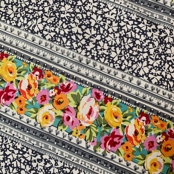 STRIPE print Pink and Orange rose Michael Miller Fabric Kashmir Gardens stripe border print Pink roses Orange and Aqua Lacery design PAISLEY