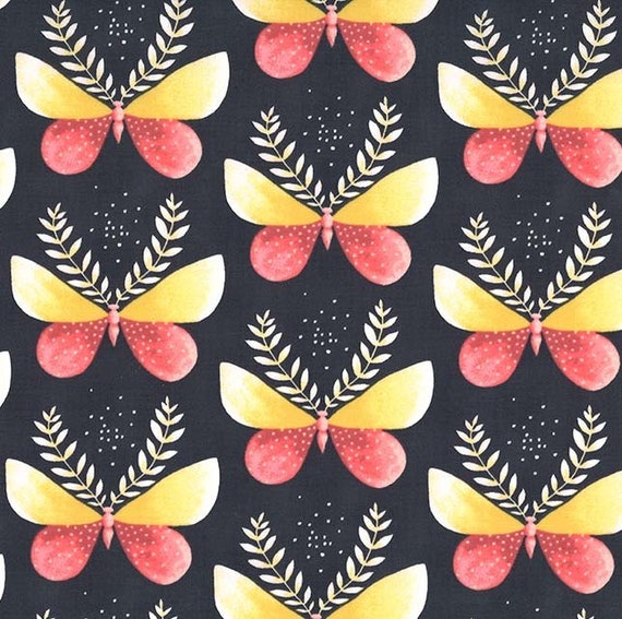 NOCTURNAL PARADE by Tamara Kate for Michael Miller fabrics Night Garden collection a Mad Seamstress Butterflies on black cotton dress fabric