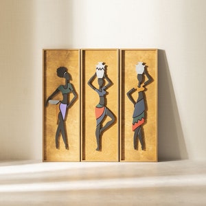 African Women Wood Wall Art, Wall Decor, Rustic Wood Wall Art, Wood Wall Hanging, Housewarming Gift, Wood Wall Panel, Wall Art, Set Of 3
