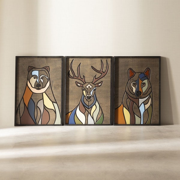 Deer, Wolf, Bear Wooden Wall art, Wood 3d Wall Art, Deer Bear Wolf, Vertical Wall Art, Discounted Product, Wall Hanging, Housewarming Gift