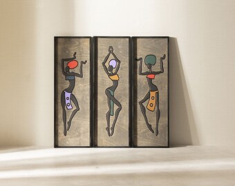 African Women Wood Wall Art, Wall Decor, Rustic Wood Wall Art, Wood Wall Hanging, Housewarming Gift, Wood Wall Panel, Wall Art, Set Of 3