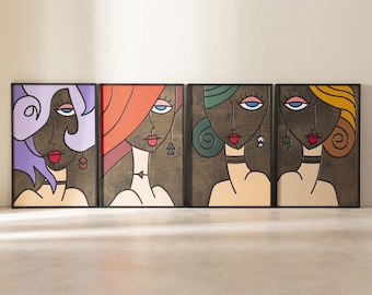 Pop Art Girls, Wood Wall Art, Painting Wood Wall Art, Vertical Wall Art, Wall Decor, Wood Wall Hanging, Housewarming Gift, Set Of 4
