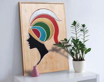 Wood African, Black Women Portrait, African Ethno woman, Abstract Wall Art, Contemporary artwork, Minimalist Collage, Livingroom Decor, Wood