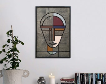 May include: A geometric abstract face art piece with a wooden frame. The face is made up of different colored shapes and lines, including red, blue, green, orange, and brown. The background is a dark gray wood.