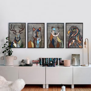 Wild Set, Deer, Wolf, Bear, Eagle, Set of 4, Painting Wood Wall Art, Animals Wall Art, Wall Decor, Wood Wall Hanging, Housewarming Gift