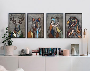 Wild Set, Deer, Wolf, Bear, Eagle, Set of 4, Painting Wood Wall Art, Animals Wall Art, Wall Decor, Wood Wall Hanging, Housewarming Gift