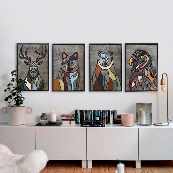 Wild Set, Deer, Wolf, Bear, Eagle, Set of 4, Painting Wood Wall Art, Animals Wall Art, Wall Decor, Wood Wall Hanging, Housewarming Gift