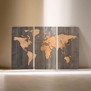 WoodenWorld Map, Wooden Wall Decor, Wall Hanging, Housewarming Gift, Carte Du Monde, Set of 3 Wall Decor, Fast and Free Shipping, Wall Art