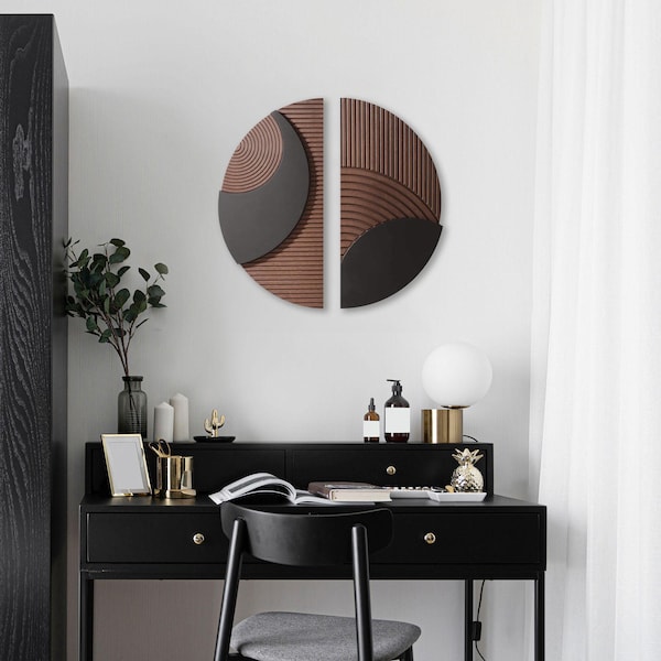 Twin Pieces Line Art, Wood Wall Decor, Housewarming Gift Natural Rustic Wall Art Horizontal Wall Hanging Farmhouse Wall Art Decor Circular