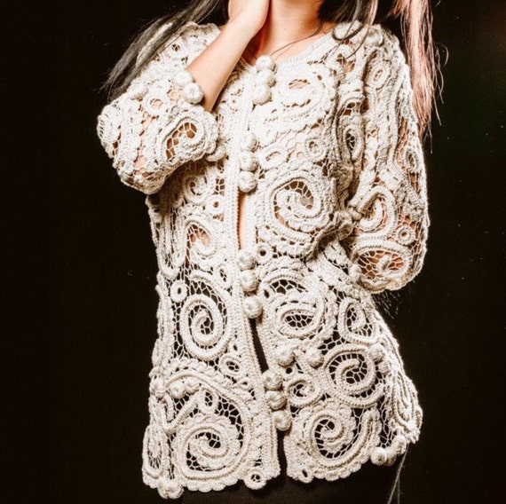 Golden jacket knitted coat Crochet lace jacket golden yarn Etsy