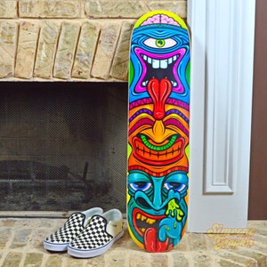 Tiki Graphic Skateboard Deck Ride or Display 3 Faces of Mischief on 7-Ply Canadian Maple Wood image 2
