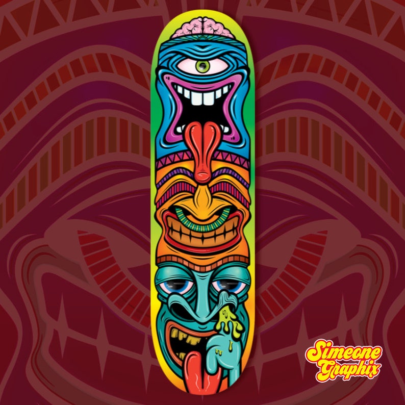Tiki Graphic Skateboard Deck Ride or Display 3 Faces of Mischief on 7-Ply Canadian Maple Wood image 6