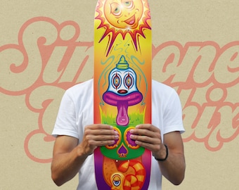 Whimsical Sun and Mushroom Skateboard Deck, Unique & Colorful Art - to Skate or Hang