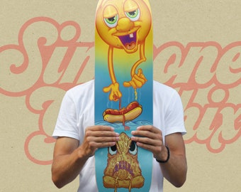 Kids Skateboard Deck - Smiling Cartoon Sun & High Five Hot Dog vs Shark Pizza Dude