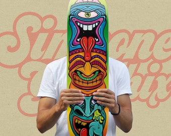 Tiki Graphic Skateboard Deck Ride or Display - 3 Faces of Mischief on 7-Ply Canadian Maple Wood