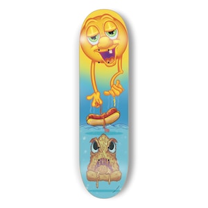 Kids Skateboard Deck - Smiling Cartoon Sun & High Five Hot Dog vs Shark Pizza Dude Wall Art