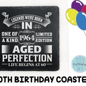 60th Birthday gift, 1964 gift, 60th coaster, sixtieth coaster, sixty 60th gift, vintage drinks coaster, birthday drink gift, Slate coasters