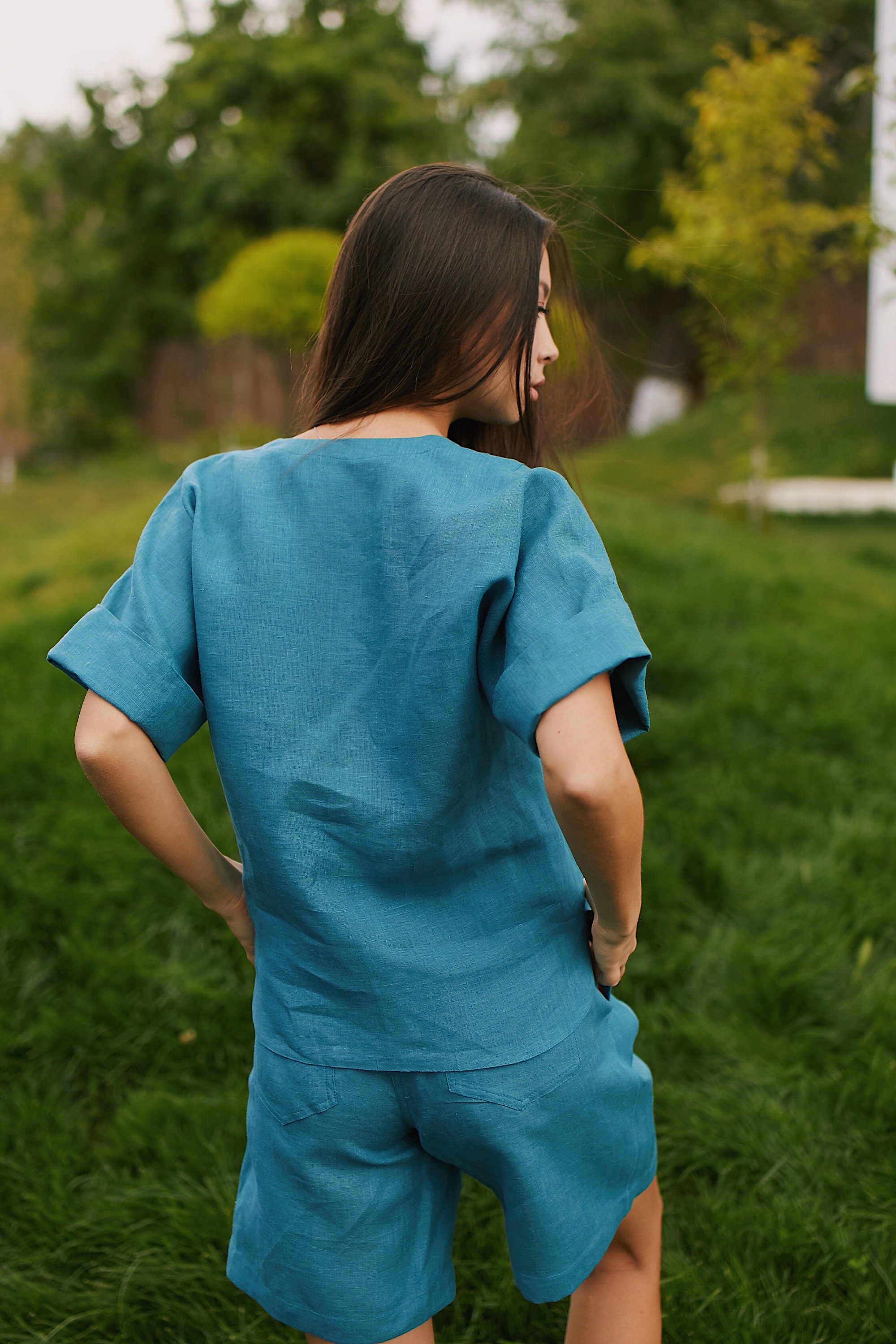 Women high waisted bermuda linen shorts with pockets Etsy