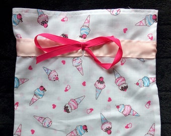 Pink Satin Ribbon Draw String Ice Cream Pattern Cotton Bags for Storage