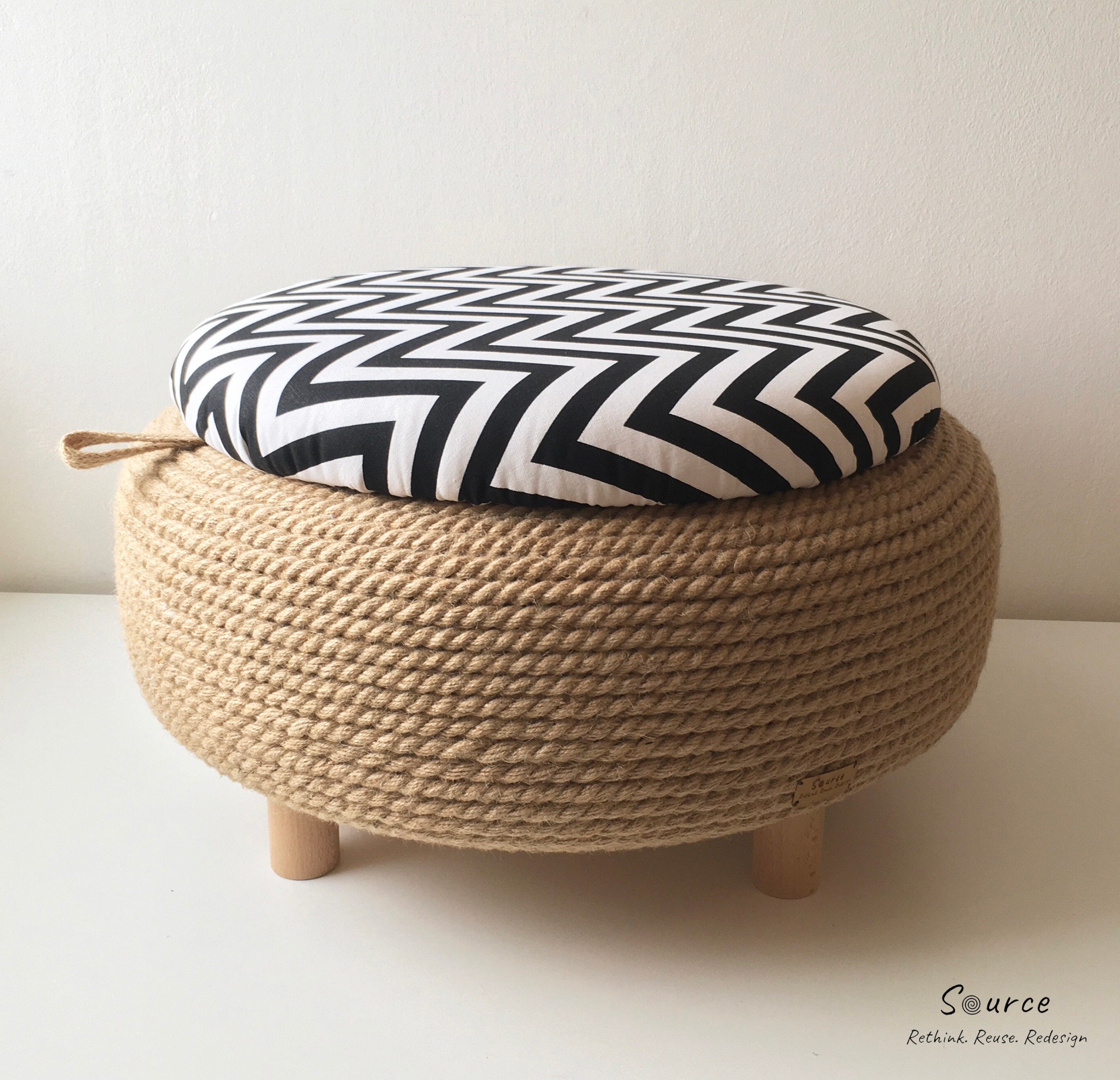 Handmade Jute Rope Ottoman Upcycled Car Tire One of a Kind