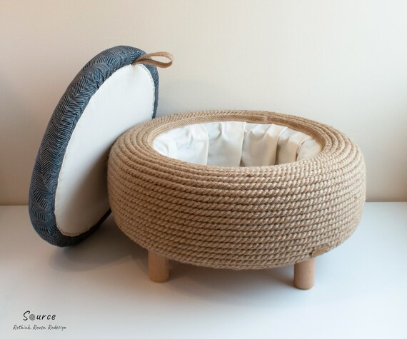 persoon dealer binnenplaats Handgemaakte jute touw poef Upcycled autoband One of a - Etsy Nederland