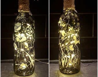 BUTTERFLIES poppy grass (E), hand etched bottle twine & charms. Bottle Lamp, Bottle Light, Decorative Bottle. free UK postage