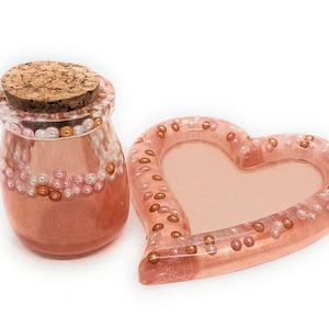 2 Piece set, Heart Trinket Tray & Lidded Pot. Faux Pearls.