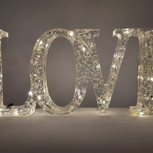 May include: A clear plastic sign spelling out the word "LOVE" with white lights embedded in the plastic.