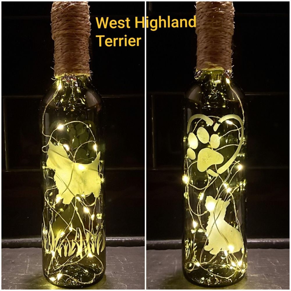SCOTTISH HIGHLAND TERRIER DOG CLEAR HAND ETCHED WINE BOTTLE LIGHTS TRIMMED WITH TWINE AND CHARMS