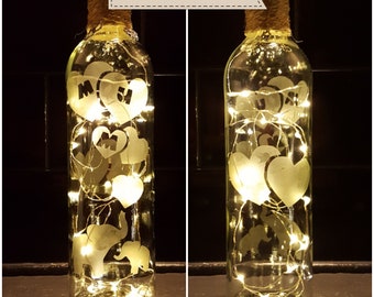 MUM ELEPHANT, handgeätzter Flaschenzwirn & Charms. Flaschenlampe, Leuchtflasche, Dekorative Flasche. versandkostenfrei