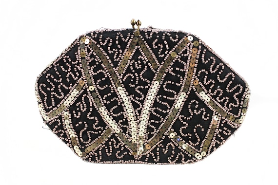 Vintage embroidered black gold and silver sequinne